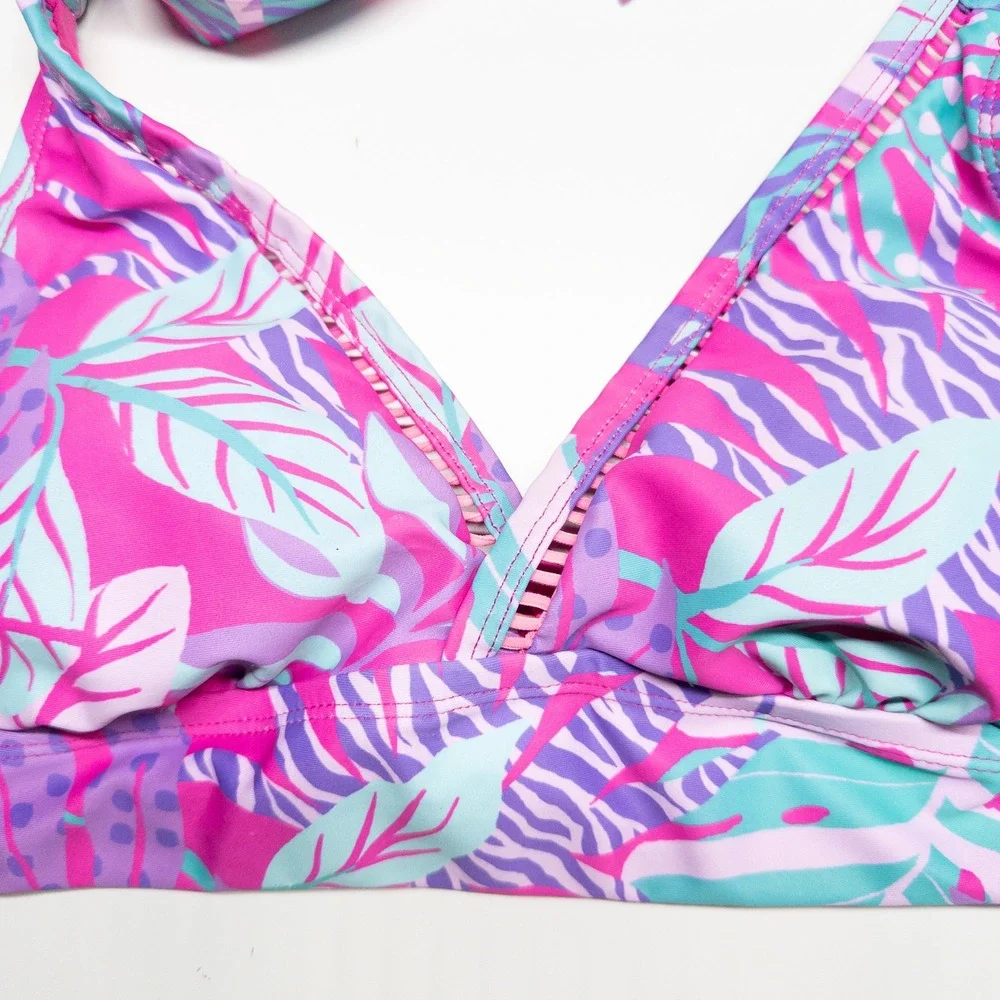 Sol Borne Womens Bikini Top Small Pink Tropical Leaf Zebra Print Halter Tie Back
